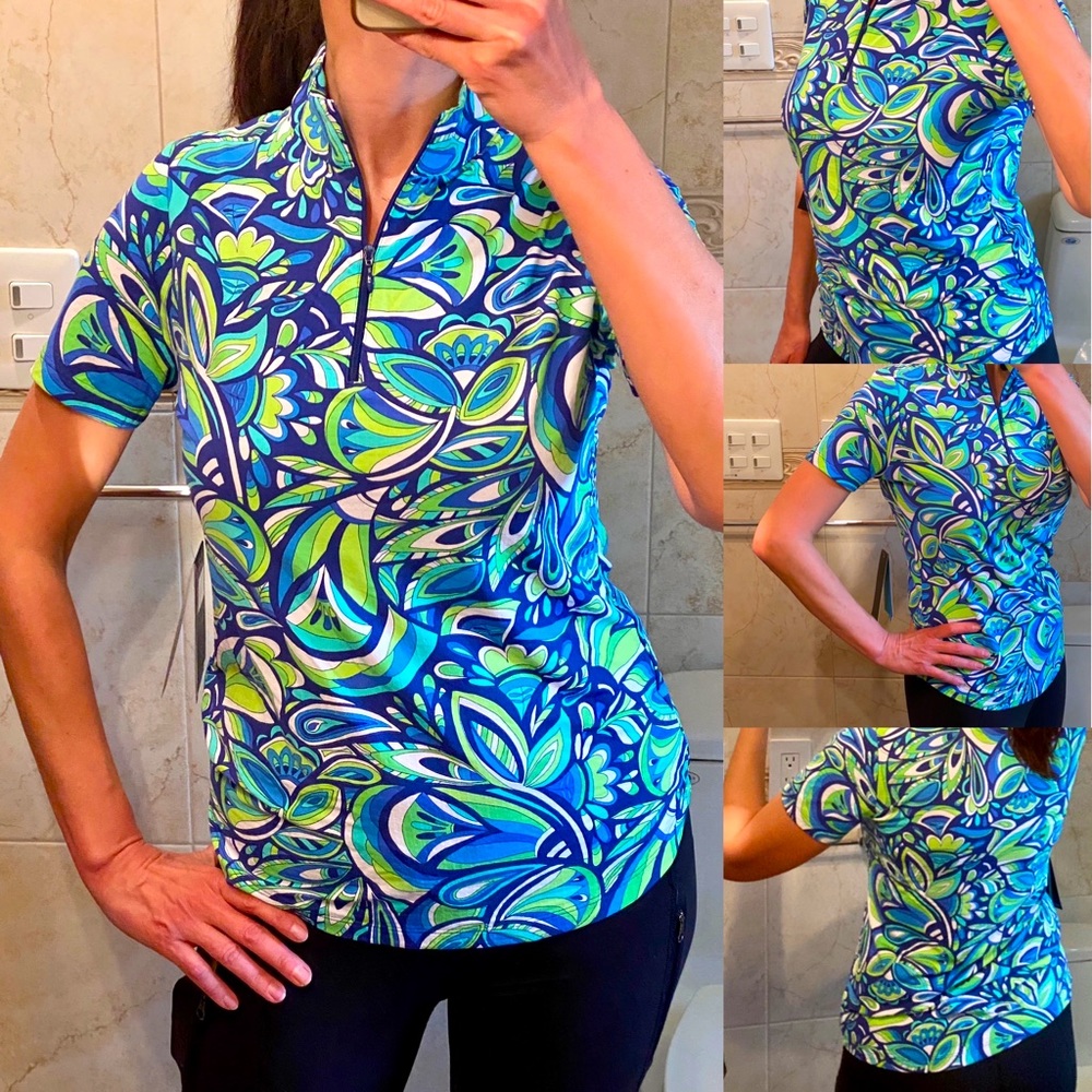 IBKUL Jackie Preppy Top Shirt Short Sleeve 1960s print XS Graphic Tee Resort New